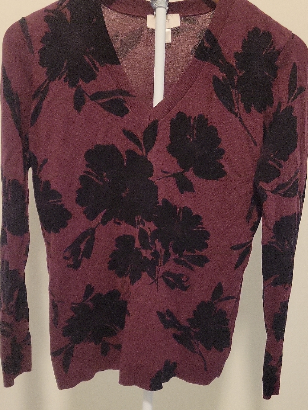 LOFT Plum Knit Top with Black Floral Accents